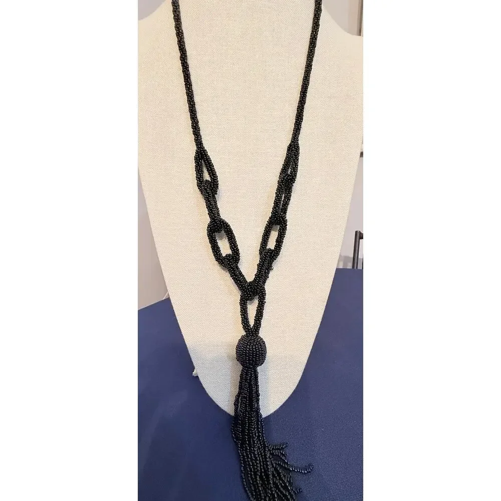 Vintage NOS Handmade Black Beaded Tassel Necklace 30”